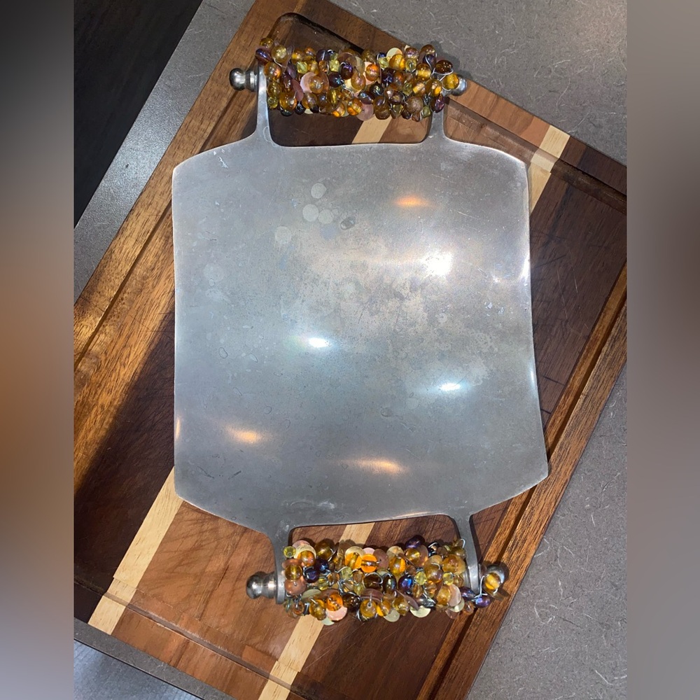 Silver Tray with Beaded Handles